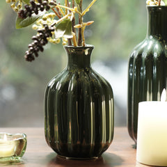Dark Green Ribbed Tall Ceramic Vase - Small