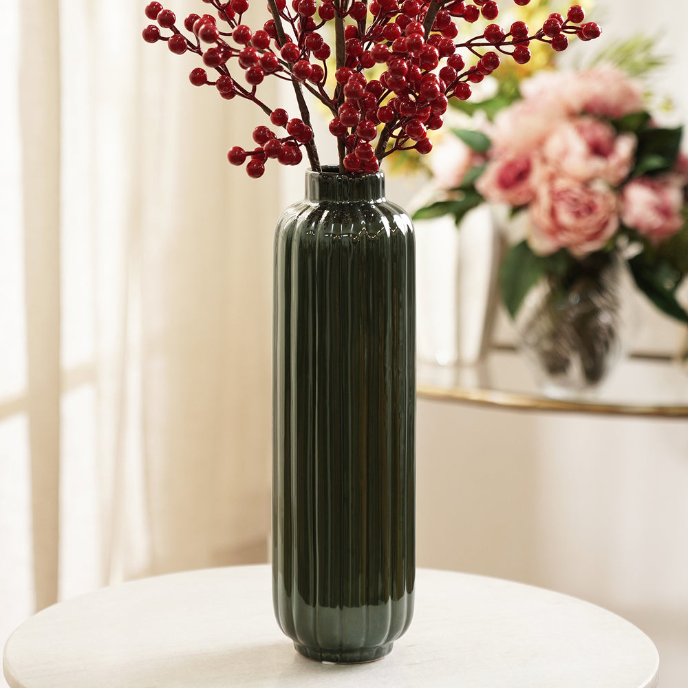 Dark Green Ribbed Tall Linear Ceramic Vase