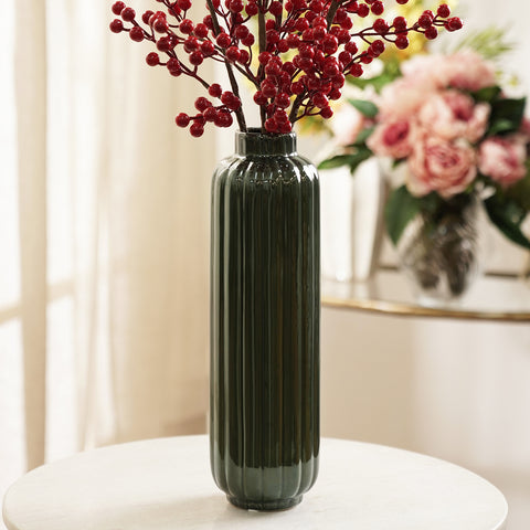 Dark Green Ribbed Tall Linear Ceramic Vase