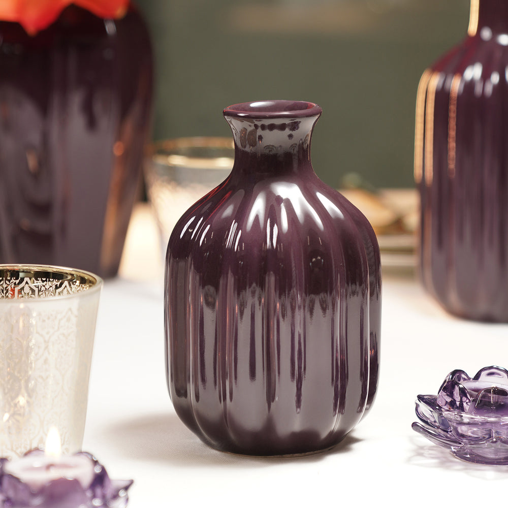 Dark Purple Ribbed Tall Ceramic Vase - Small