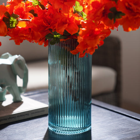 Teal Ribbed Straight Glass Vase - Medium