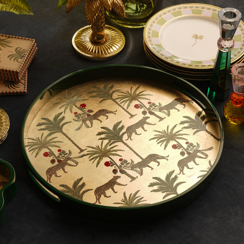 Gold & Green Leopard Print Round Lacquer Tray - Large