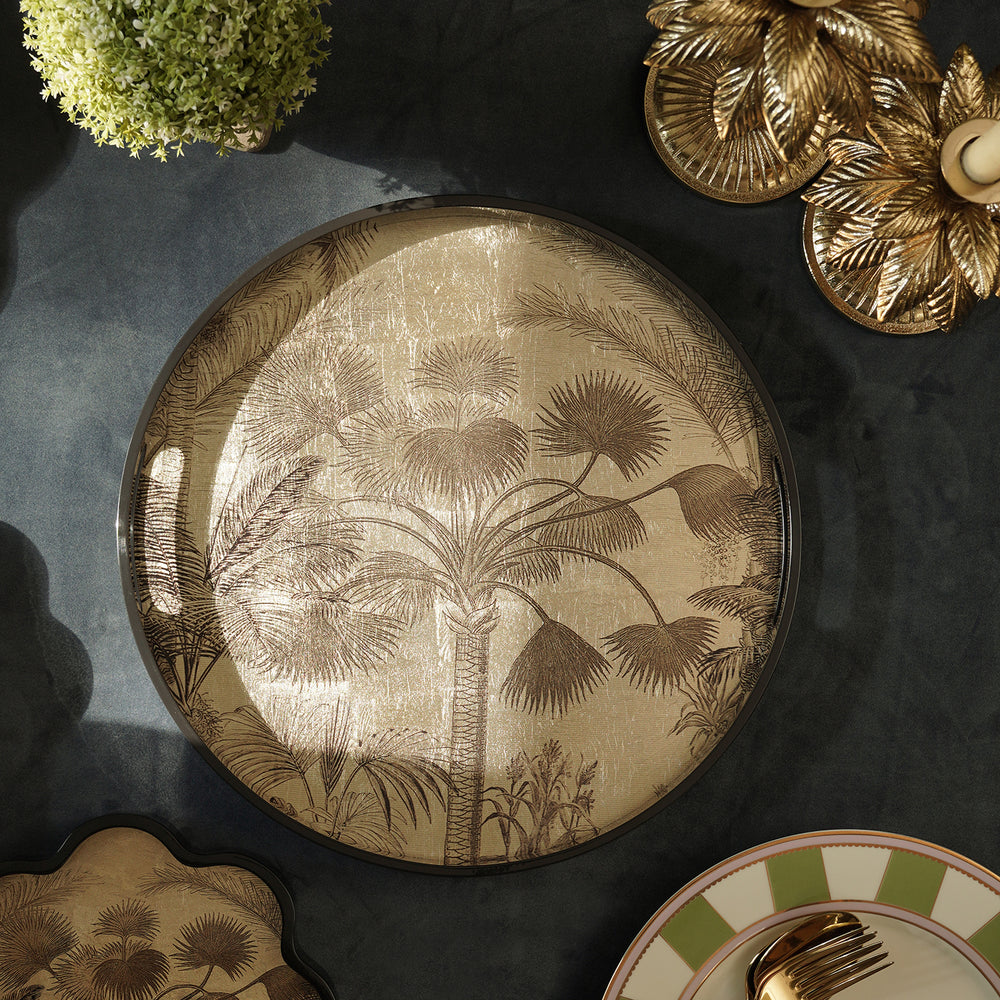 Gold & Black Palmier Print Round Lacquer Tray - Large