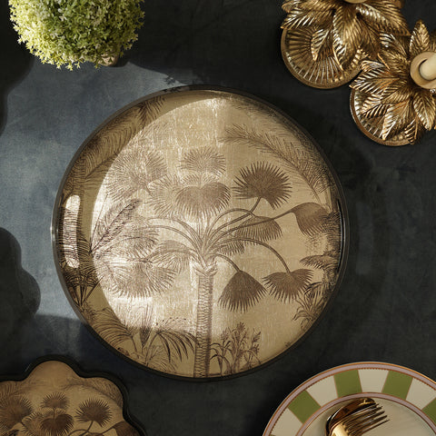 Gold & Black Palmier Print Round Lacquer Tray - Large