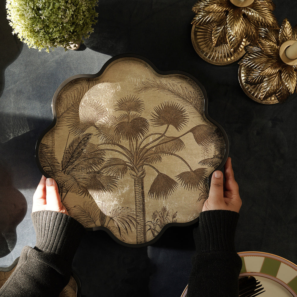 Gold & Black Palmier Print Scalloped Lacquer Tray - Large