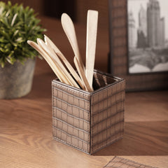 Brown Croco Texture Faux Leather Pen Stand