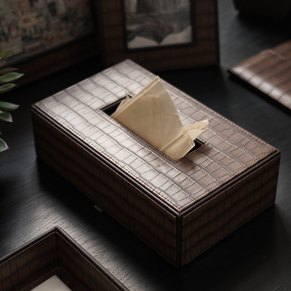 Brown Croco Texture Faux Leather Tissue Box