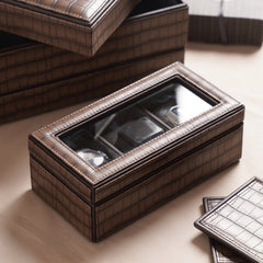 Brown 3 Compartment Croco Texture Faux Leather Watch Box