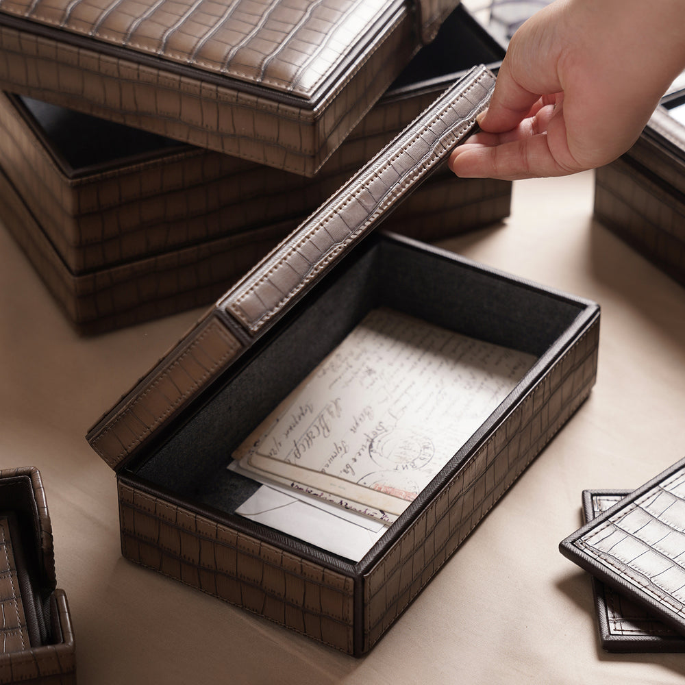Brown Croco Texture Faux Leather Storage Box