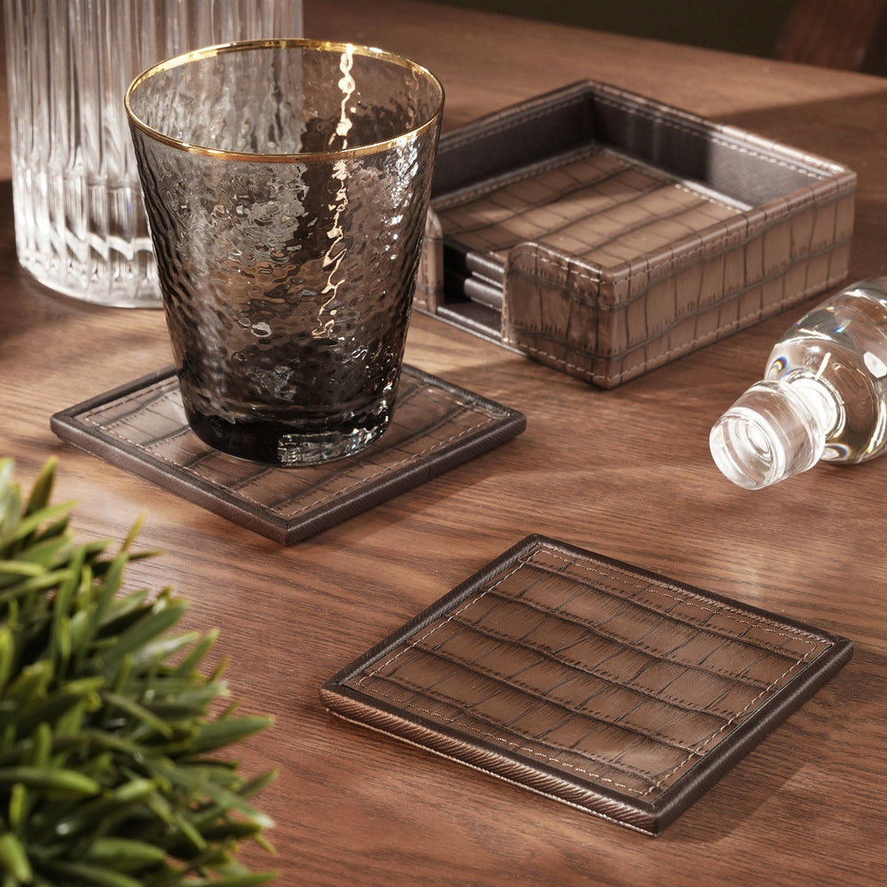Set of 4 Brown Croco Texture Faux Leather Coasters