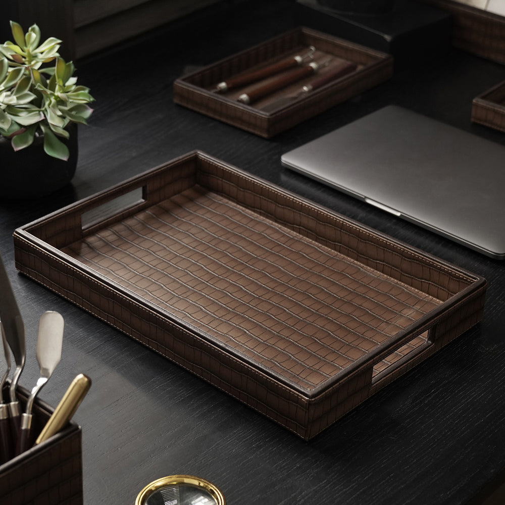 Brown Croco Texture Faux Leather Rectangle Tray