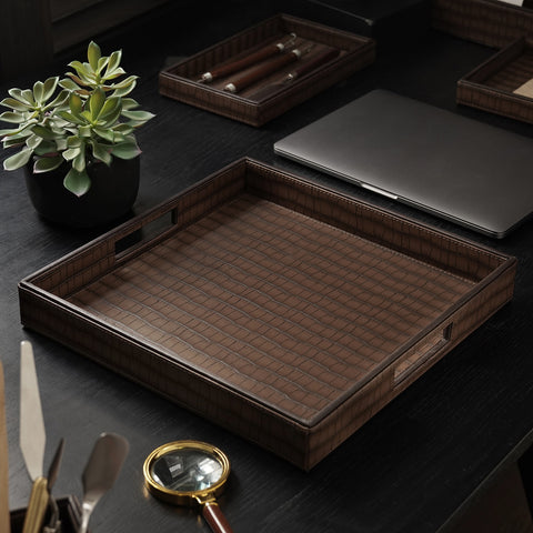 Brown Croco Texture Faux Leather Square Tray