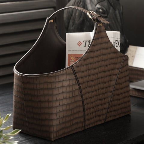 Brown Croco Texture Faux Leather Magazine Basket