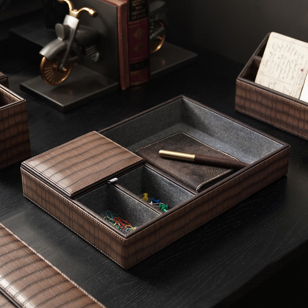 Brown Croco Texture Faux Leather Desk Organiser