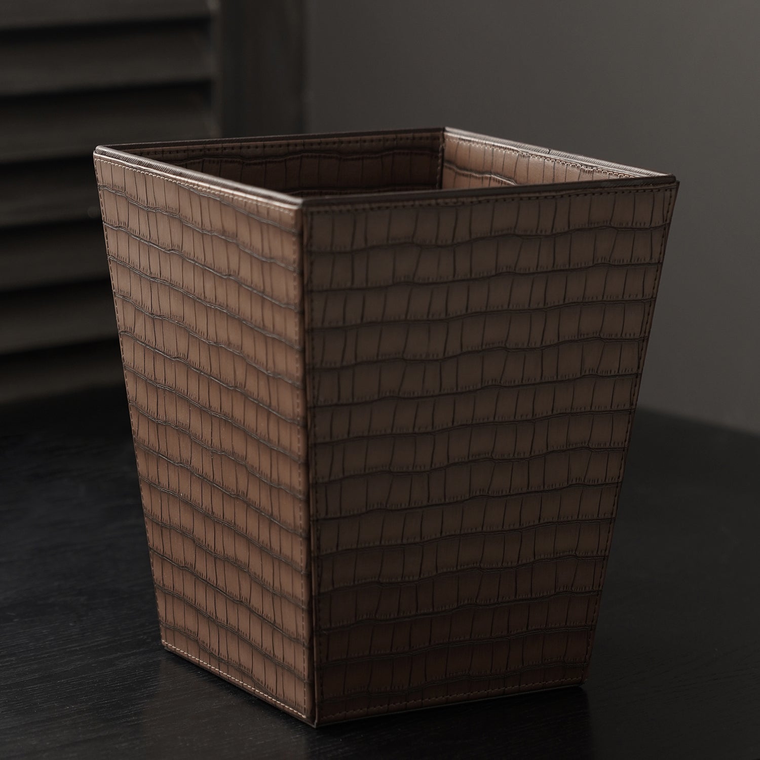 Brown Croco Texture Faux Leather Dustbin