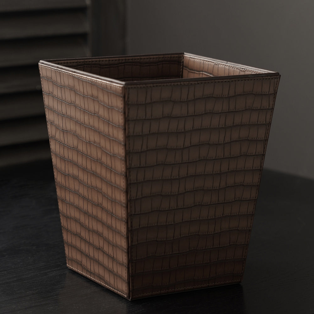 Brown Croco Texture Faux Leather Dustbin