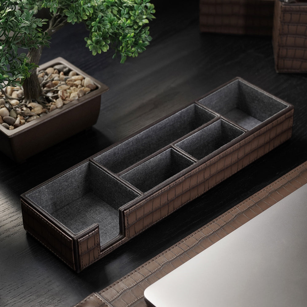 Brown 5 Compartment Croco Texture Faux Leather Organiser