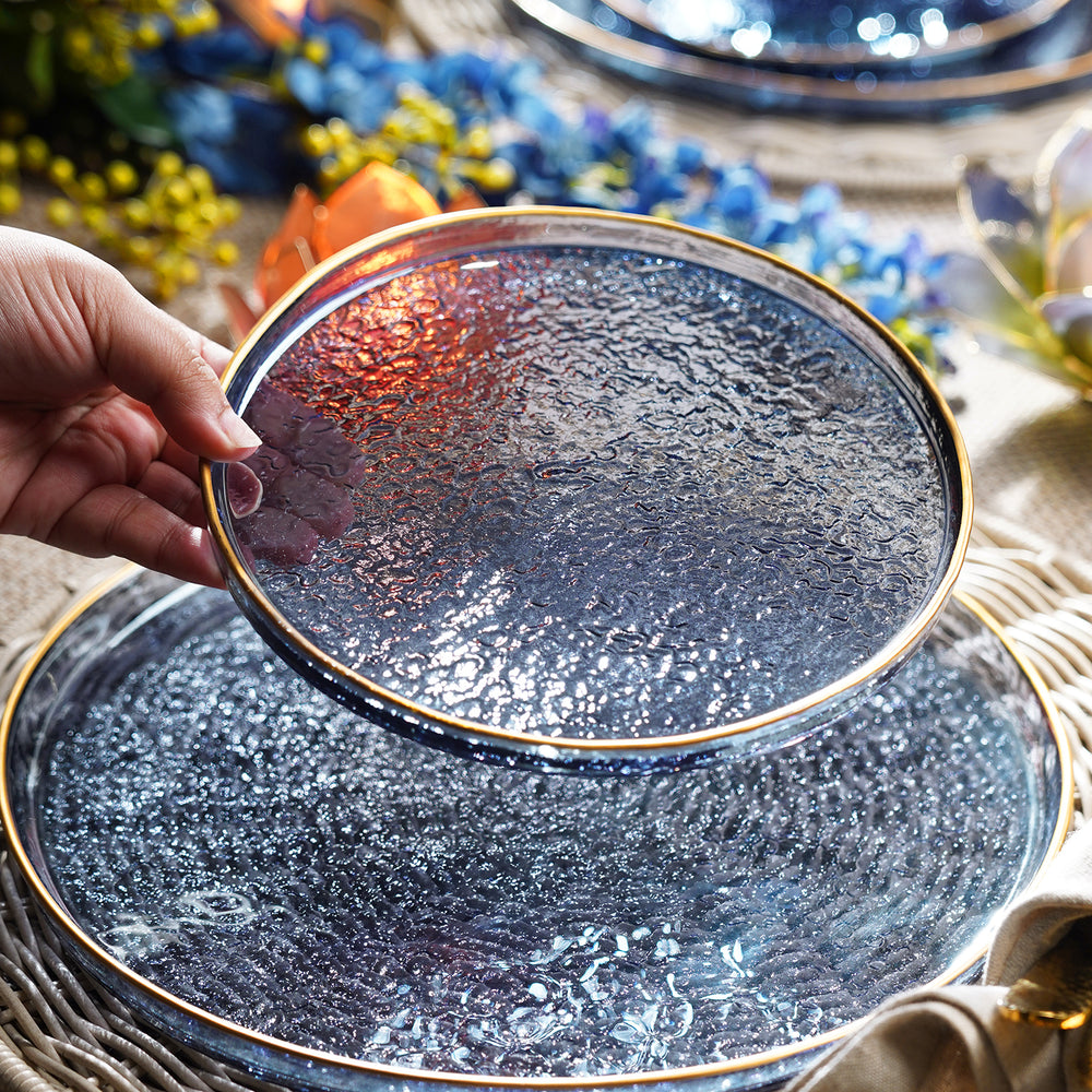 Set of 2 Blue Textured Rim Detail Dessert Plates