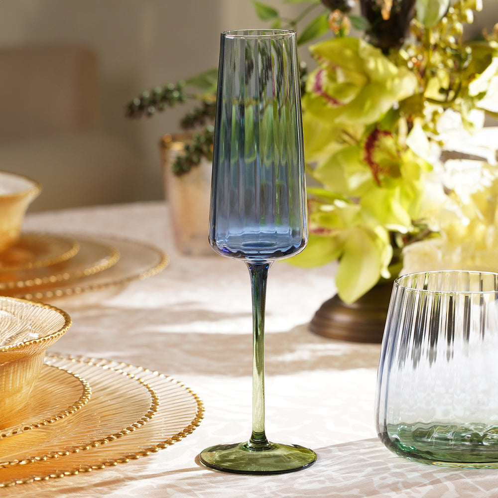 Set of 2 Blue and Green Ombre Ribbed Champagne Flutes