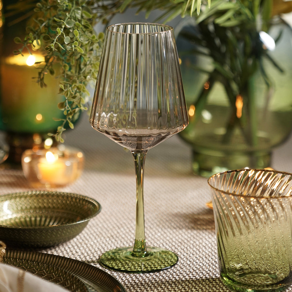 Set of 2 Grey and Green Ombre Ribbed Wine Glasses