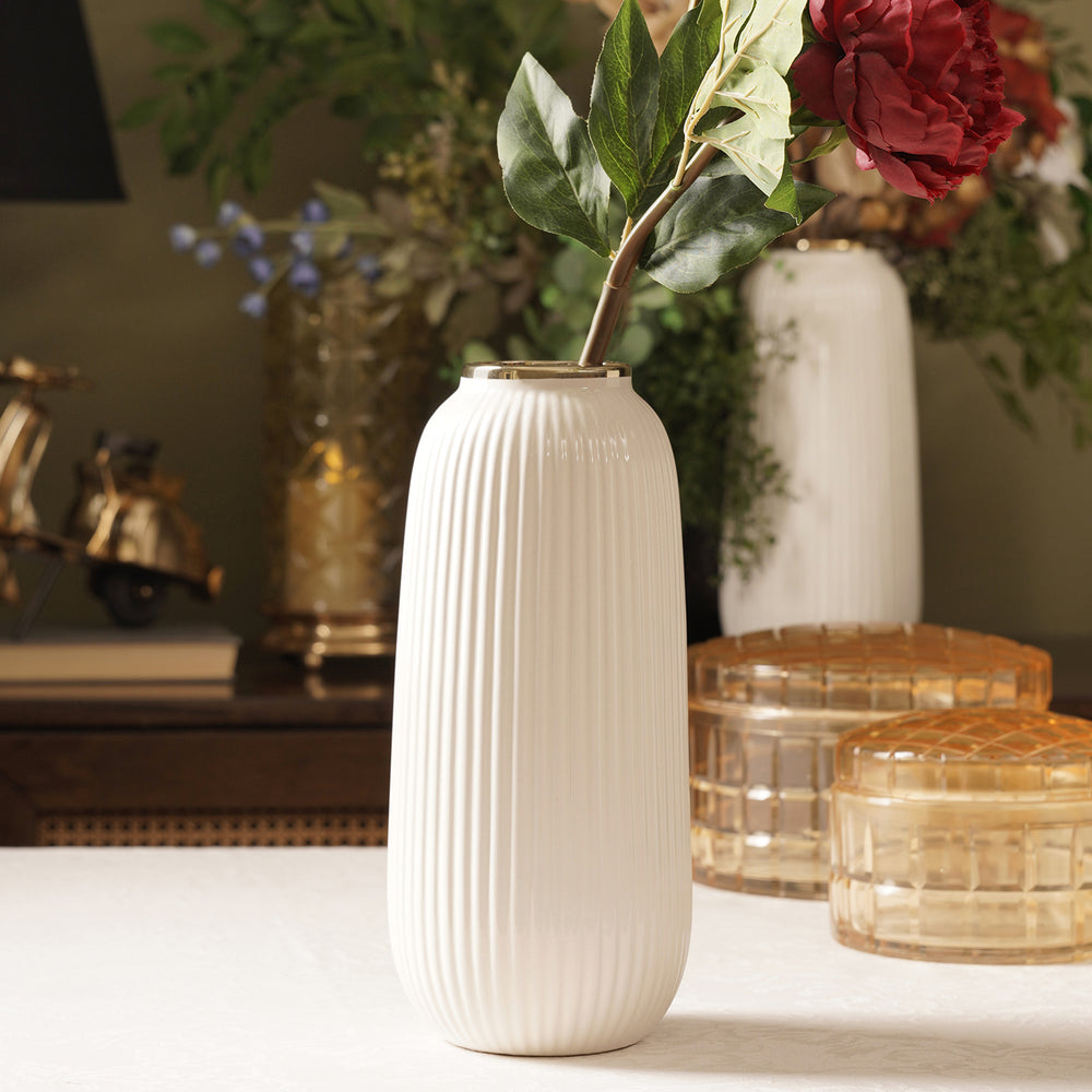 Ivory Ribbed Texture Ceramic Vase - Small