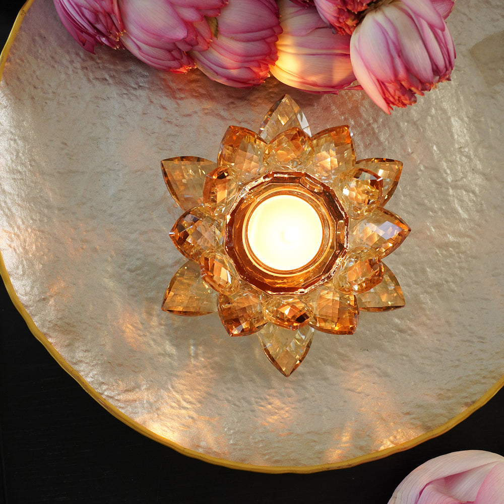 Light Amber Crystal Lotus Shaped Candle Holder