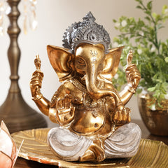 Brown & Gold Polyresin Sitting Ganesh Sculpture - Medium