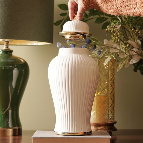 Ivory Ribbed Ceramic Urn with Lid - Small