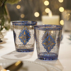 Set Of 2 Bue & Gold Floral Motif Printed Drinking Glasses