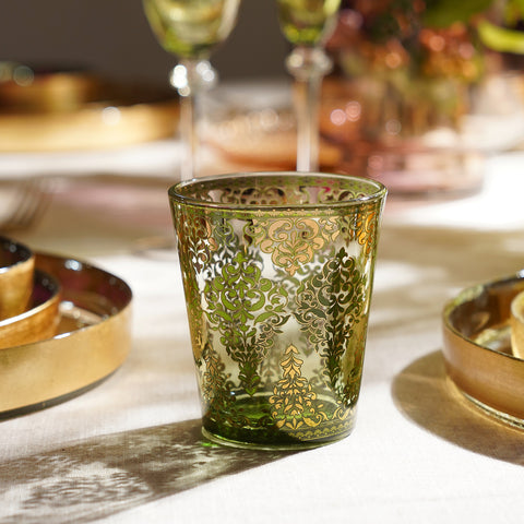 Set of 2 Green and Gold Floral Printed Drinking Glasses