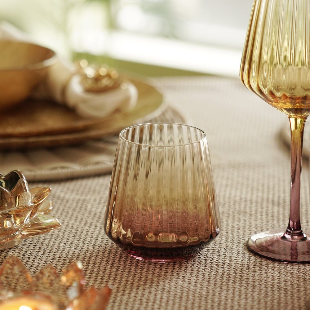 Set Of 2 Amber Ombre Ribbed Textured Drinking Glasses