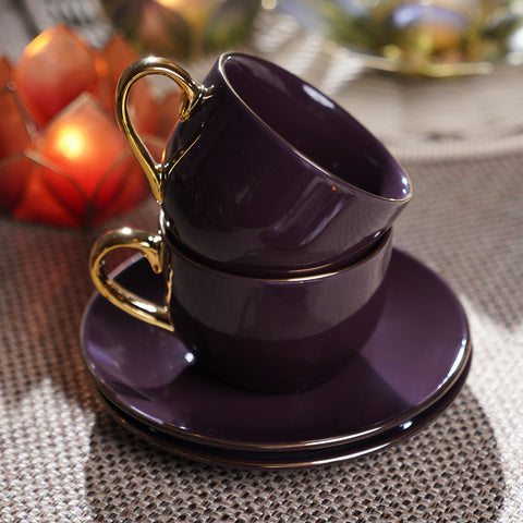Set of 2 Dark Purple Senorita Tea Cups and Saucers
