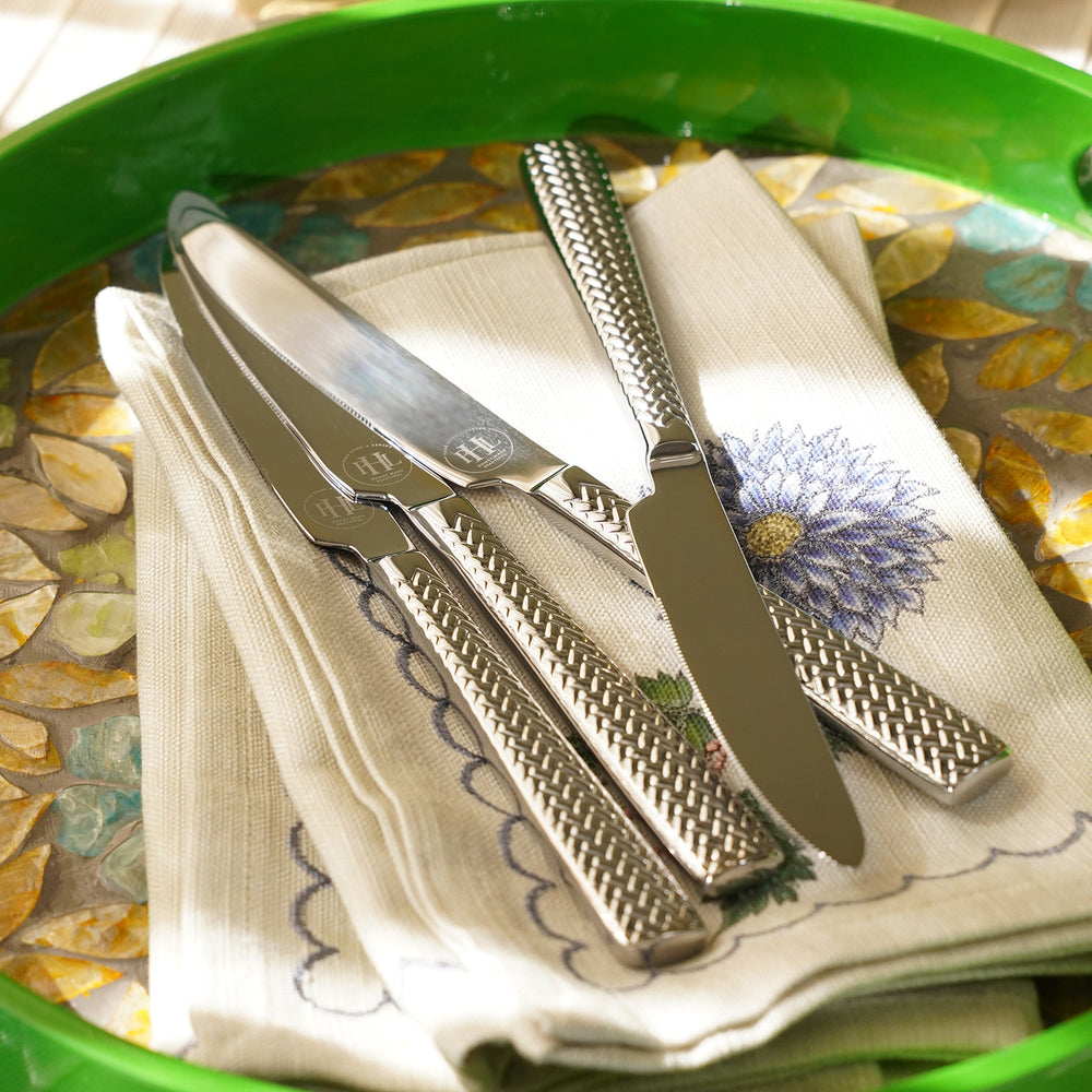 Set Of 6 Silver Steel Dessert Knives with Zig Zag Texture