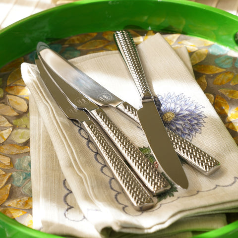 Set Of 6 Silver Steel Dessert Knives with Zig Zag Texture
