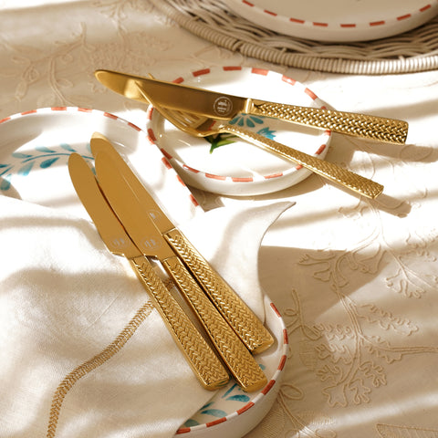 Set Of 6 Gold Steel Dessert Knives with Zig Zag Texture