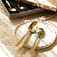 Set Of 6 Gold Steel Dessert Spoons with Zig Zag Texture