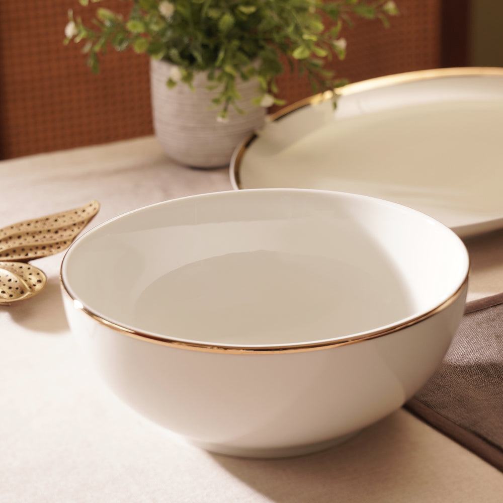 White Gold Rim Ceramic Serving Bowl
