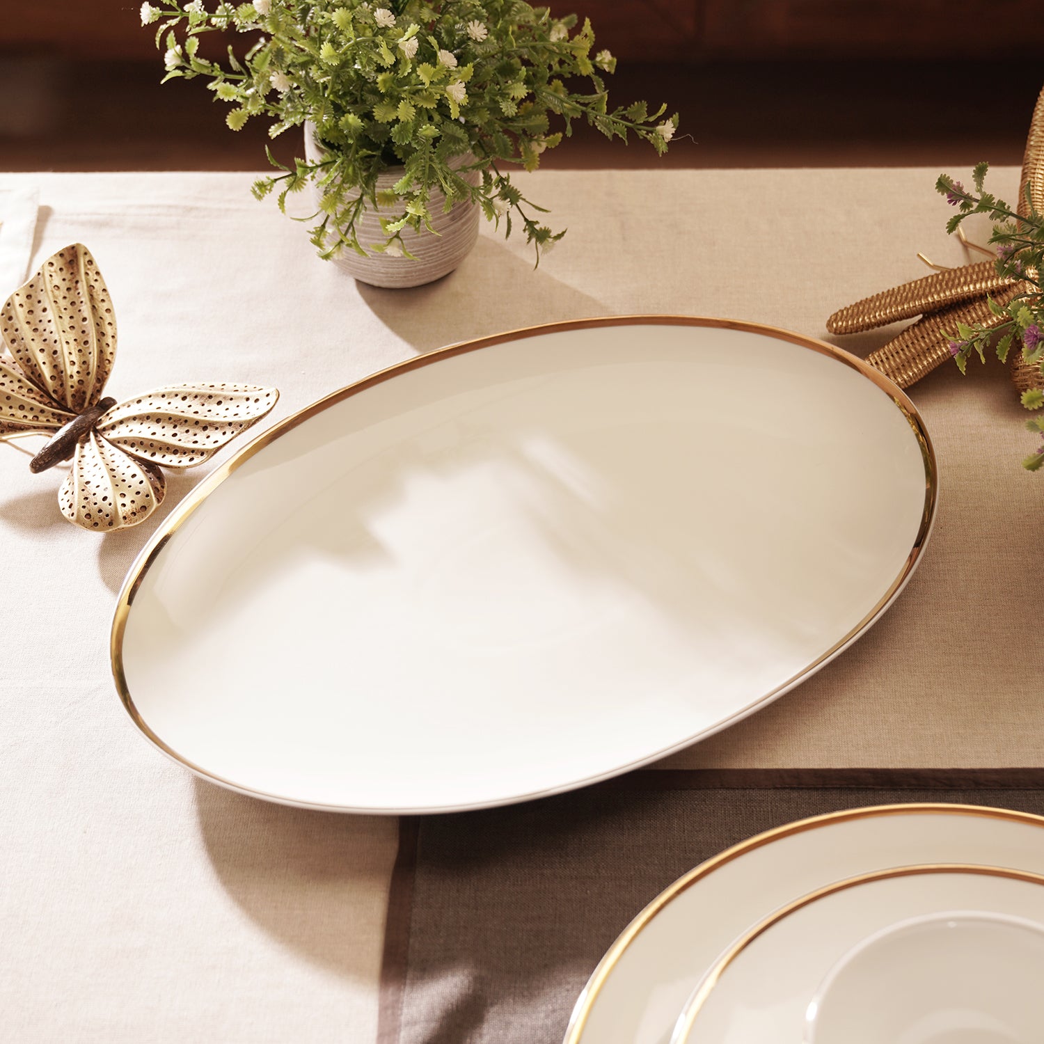 White Gold Rim Ceramic Rice Platter
