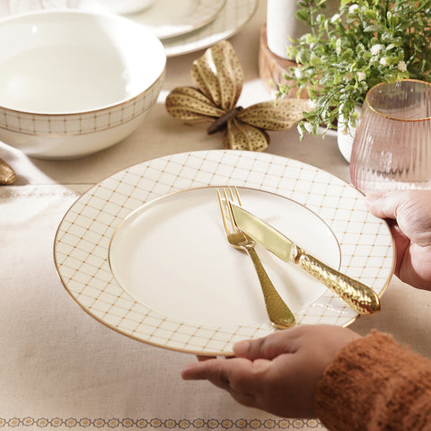 Set of 2 Ivory Ceramic Criss Cross Detail Dinner Plates