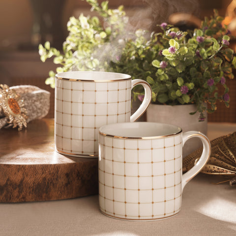 Set of 2 Ivory Ceramic Criss Cross Detail Coffee Mugs