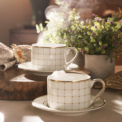 Set of 2 Ivory Ceramic Criss Cross Detail Cup and Saucer