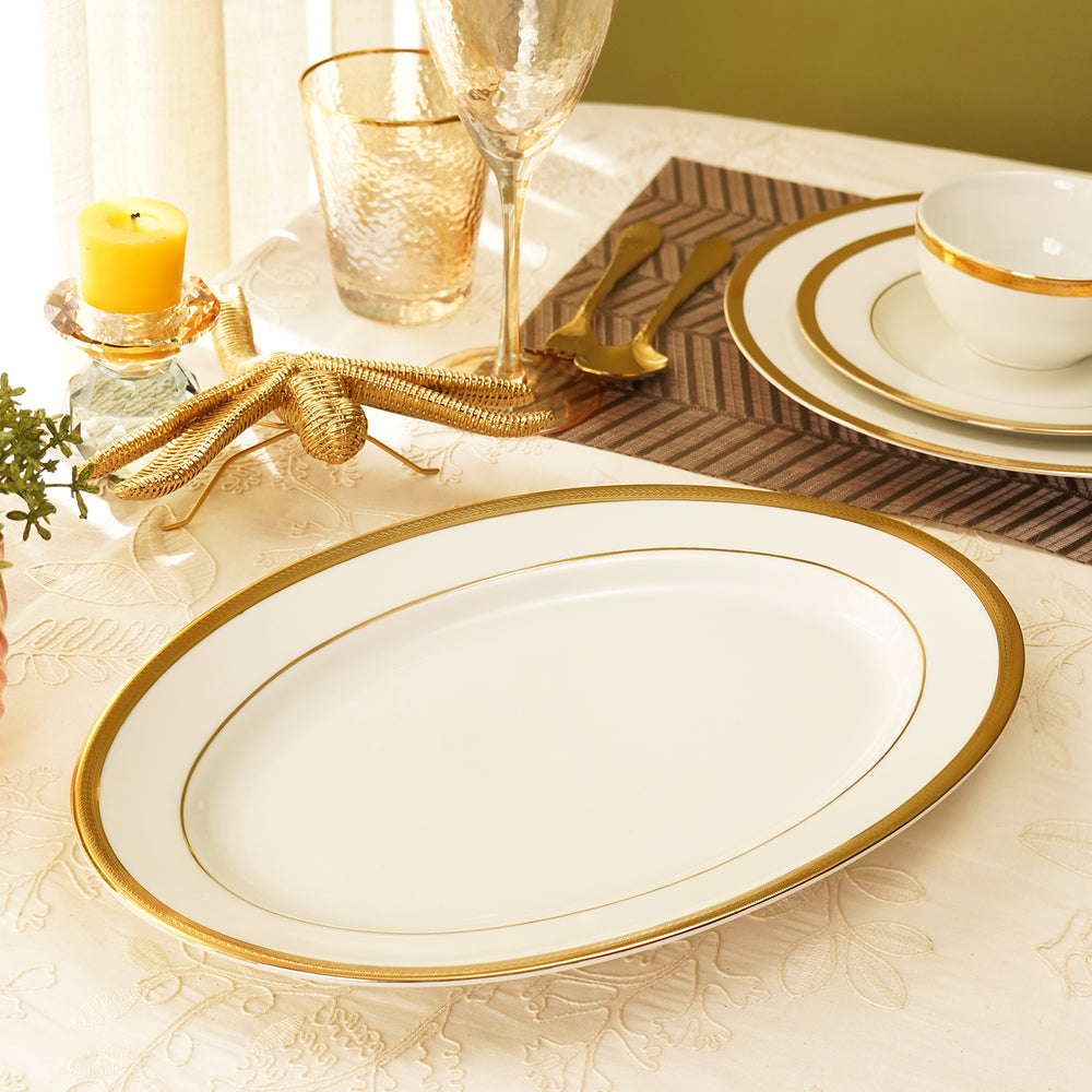 White Gold Rim Ceramic Rice Platter