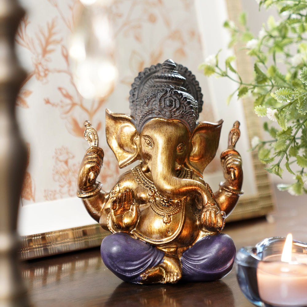 Purple Antique Sitting Polyresin Ganesha Figurine - Small
