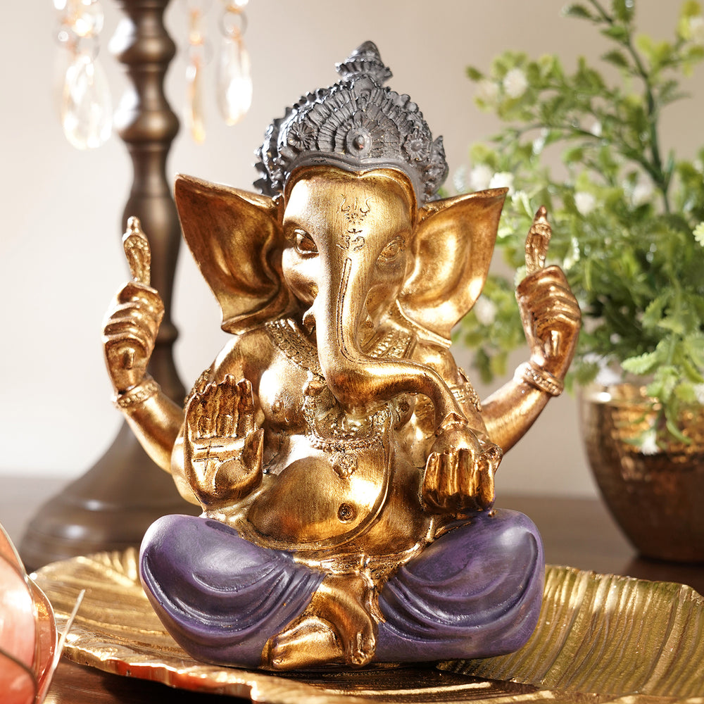 Purple Antique Sitting Polyresin Ganesha Figurine - Medium