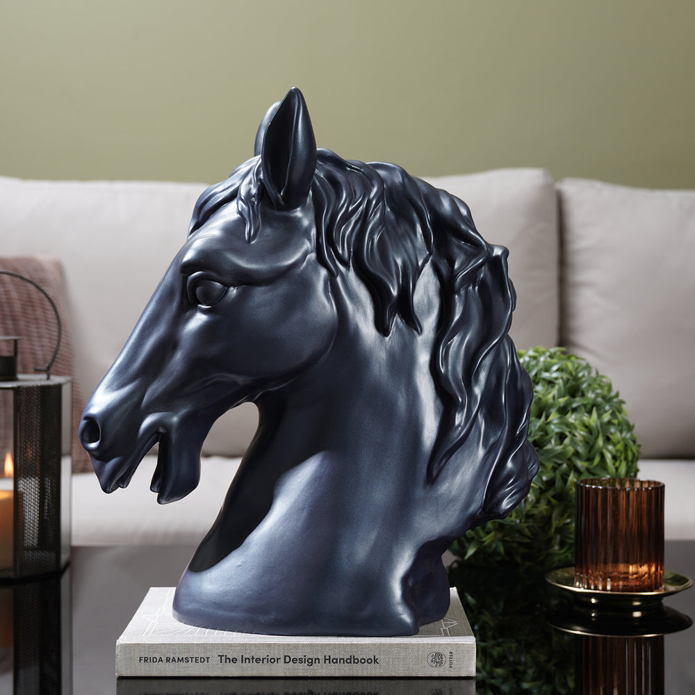 Dark Blue Matte Finish Polyresin Horse Head Figurine