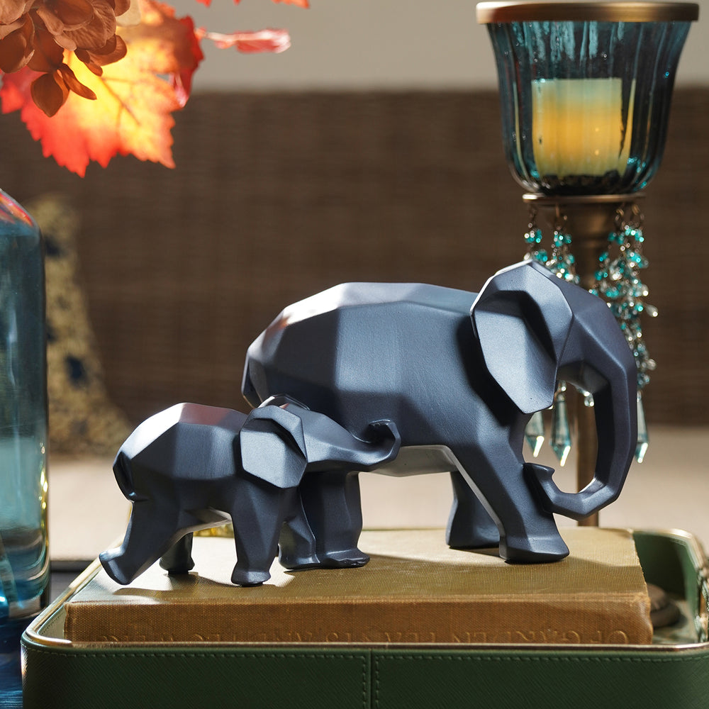 Blue Matt Finish Polyresin Standing Mother & Baby Elephant