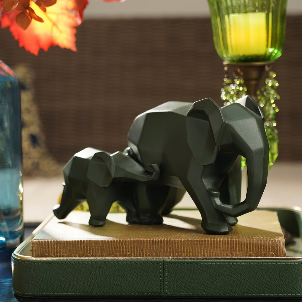Green Polyresin Standing Mother & Baby Elephant