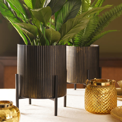 Brown Metal Textured Flower Pot with Stand - Medium