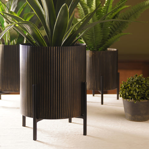 Brown Metal Textured Flower Pot with Stand - Large