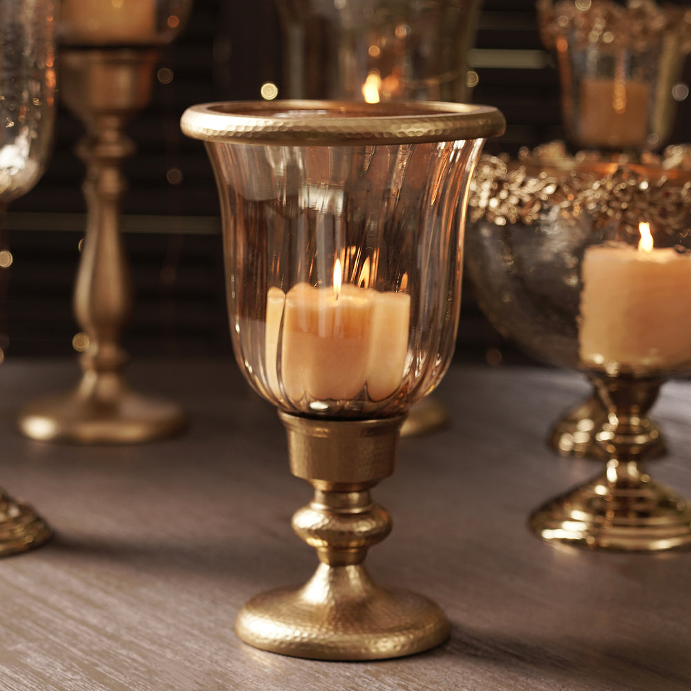 Amber & Gold Glass Hammered Hurricane with Stand and Base